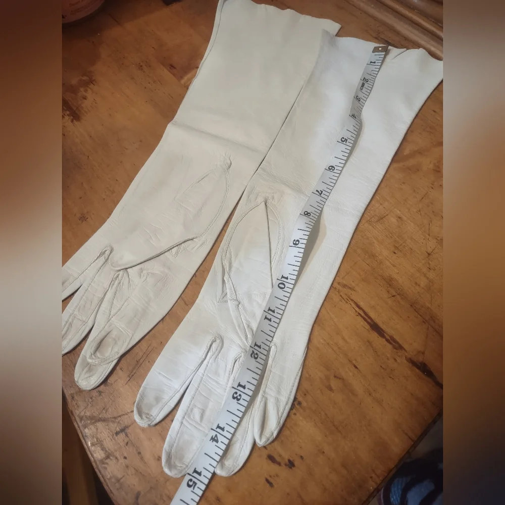 Sm Vintage Elegant White Leather Gloves Elbow Length